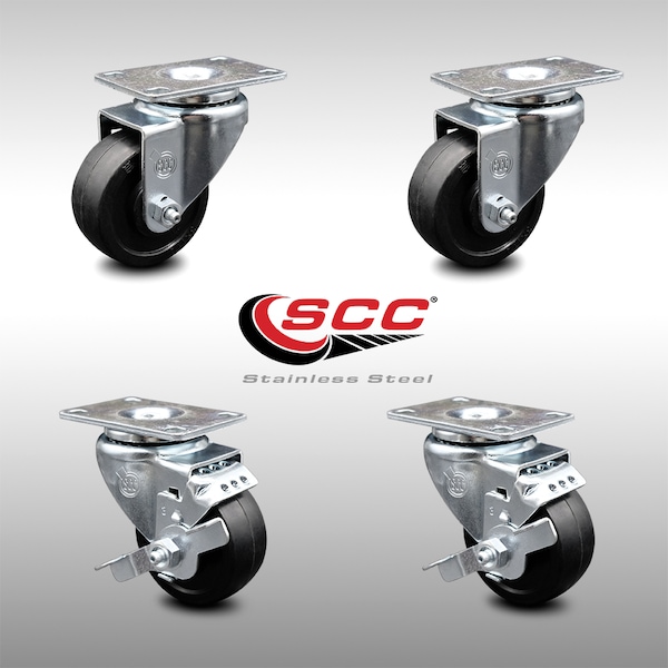 3.5 Inch SS Soft Rubber Wheel Swivel Top Plate Caster Set with 2 Brakes SCC